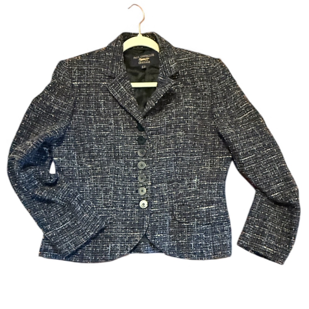 Paul Costelloe Dressage Navy Tweed Wool/Silk blend cropped blazer women’s sz 10